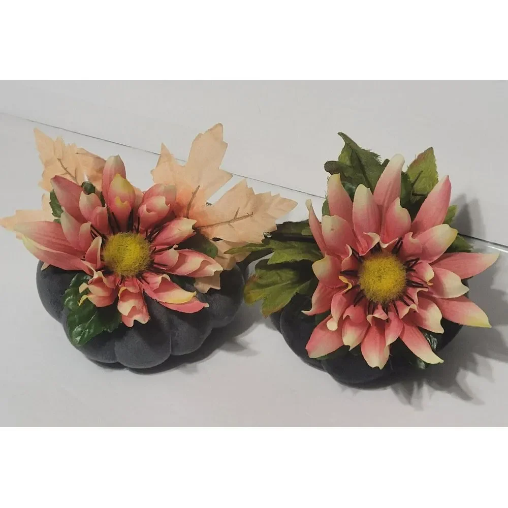 2 Gray Velvet Fabric Pumpkin Fall Floral Arrangements Home Centerpiece Decor